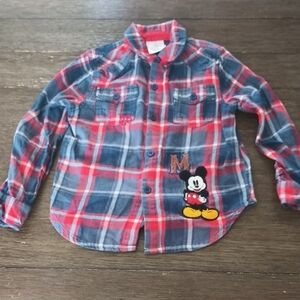 Disney Shirt Kids Size 4 Mickey Mouse Blue/Red Flannel Shirt Button Down Travel